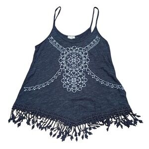 Eyeshadow Women's Medium Black Sleeveless Top‎ with Fringe Embroidery Keyhole